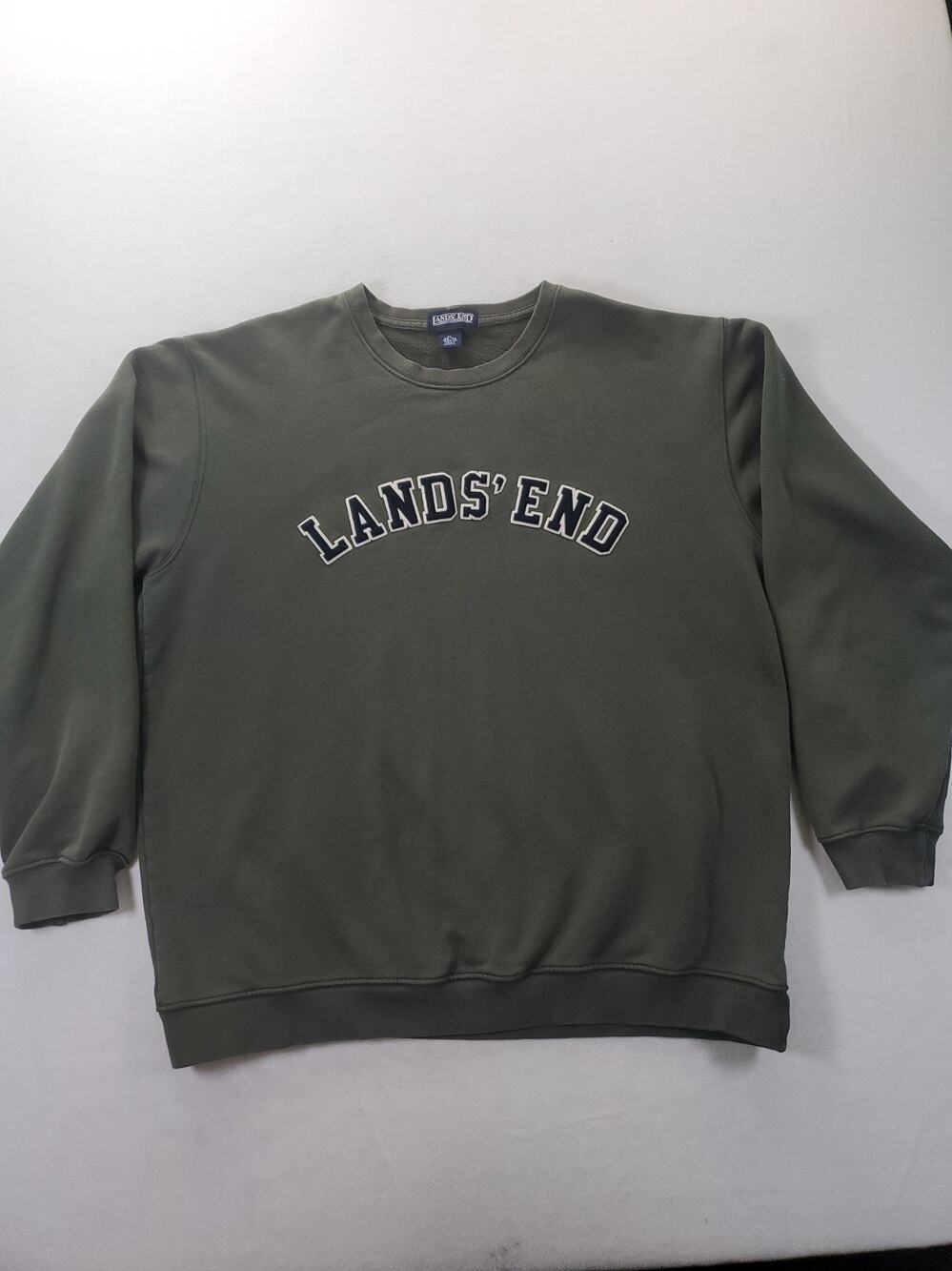 Lands End Mens Olive Green Crewneck Sweatshirt Arched Logo Pullover XL